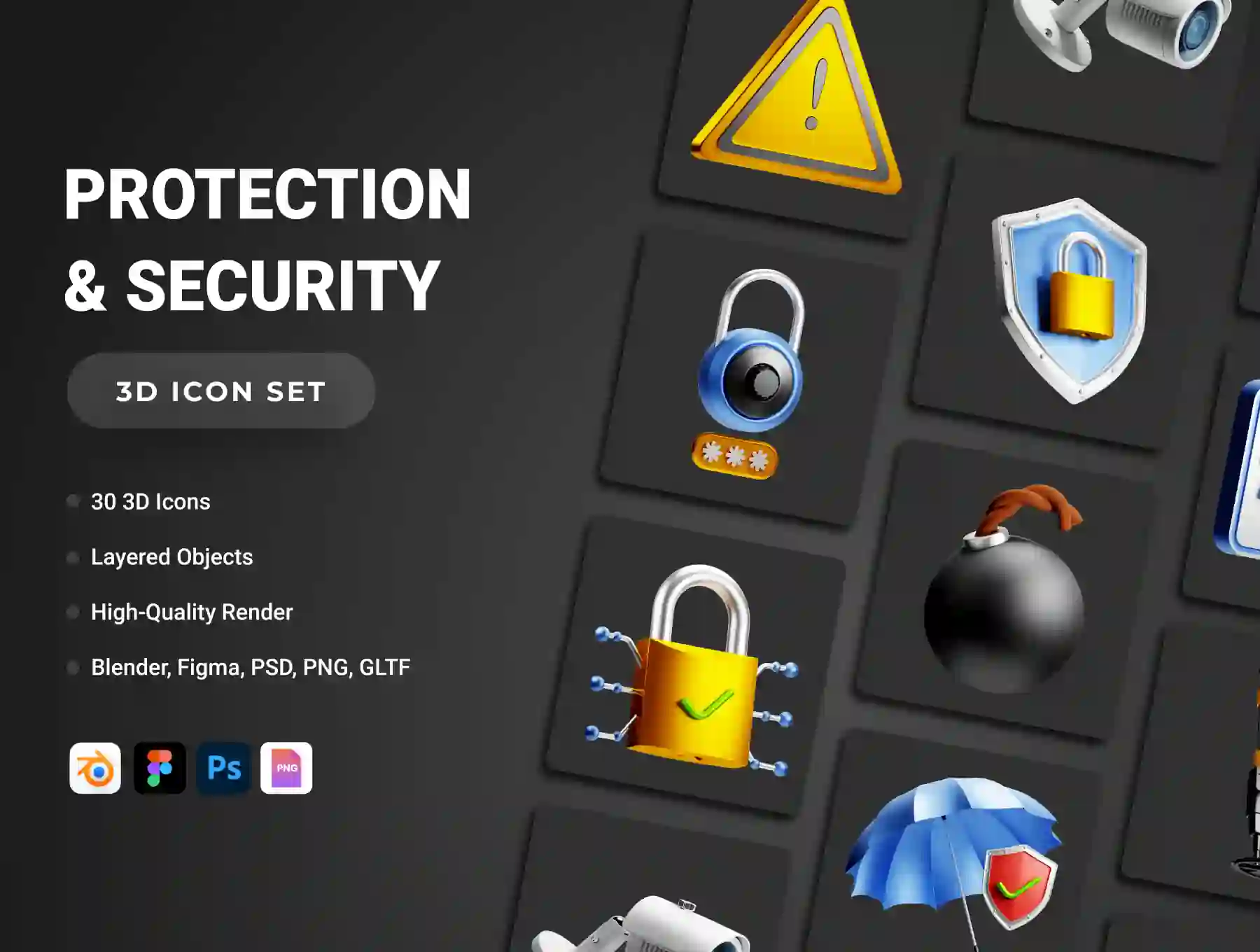 30 3D Protection and Security Icon Set