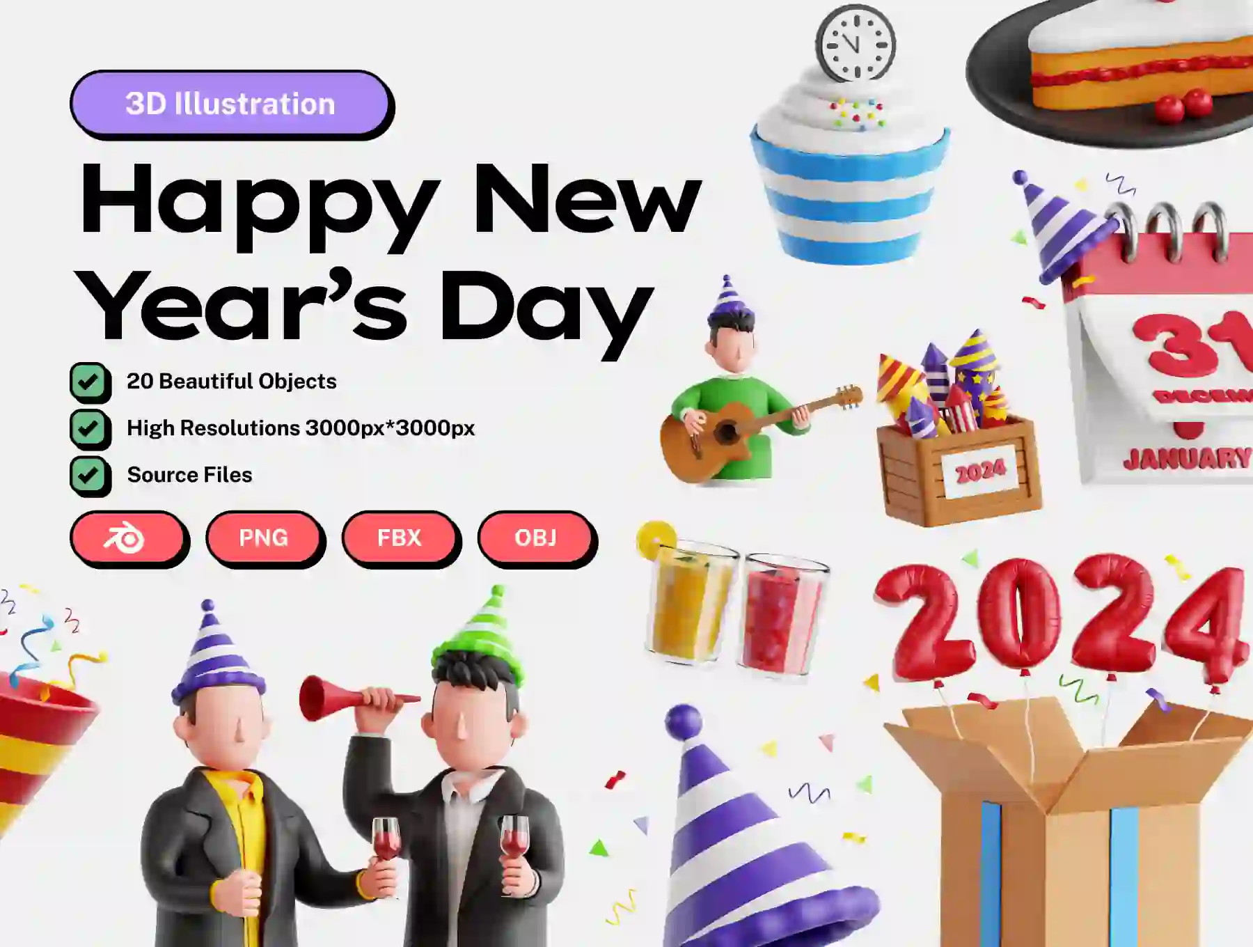 New Year’s Day 3D Icon Set