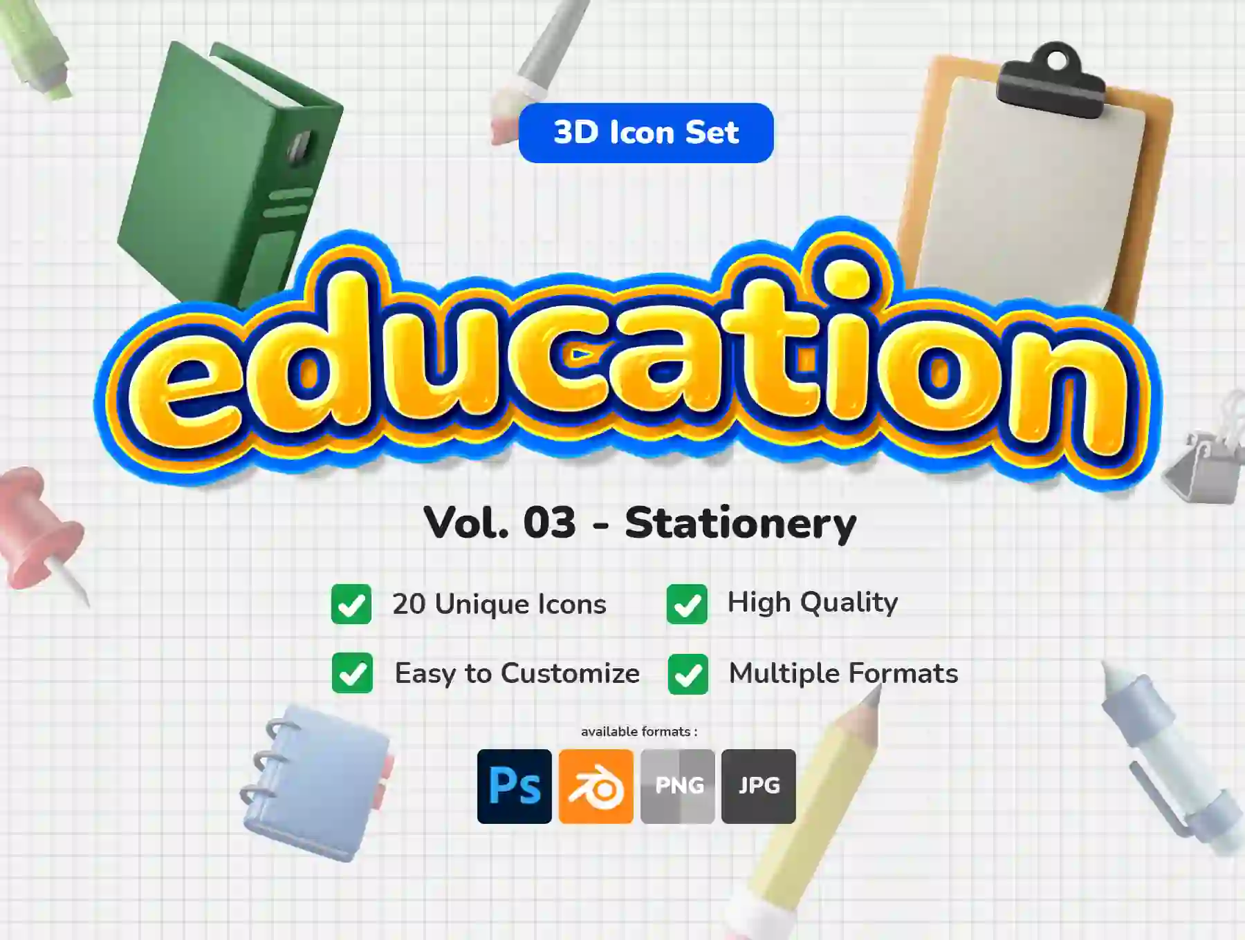 3D Icon Set - Education Stationery Theme