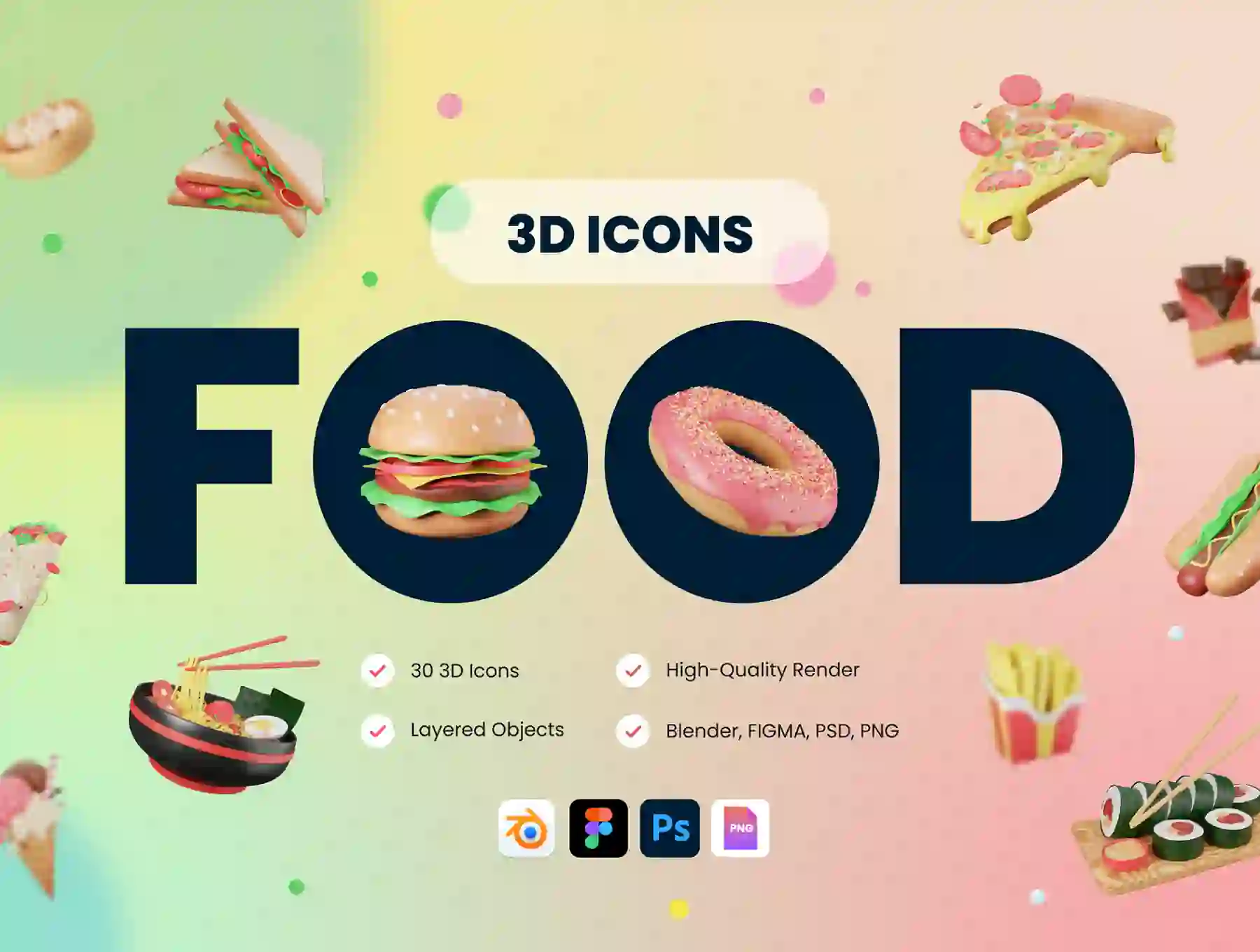 30 3D Food & Meals Icons Illustration